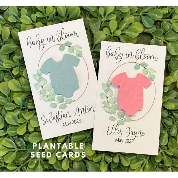 eucalyptus baby shower favors, eco friendly baby shower favors, seed cards, plantable seed cards for a baby shower, custom baby shower favor