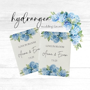 blue hydrangea wedding favors, blue hydrangea wedding seed packet favors, custom wedding favors in blue