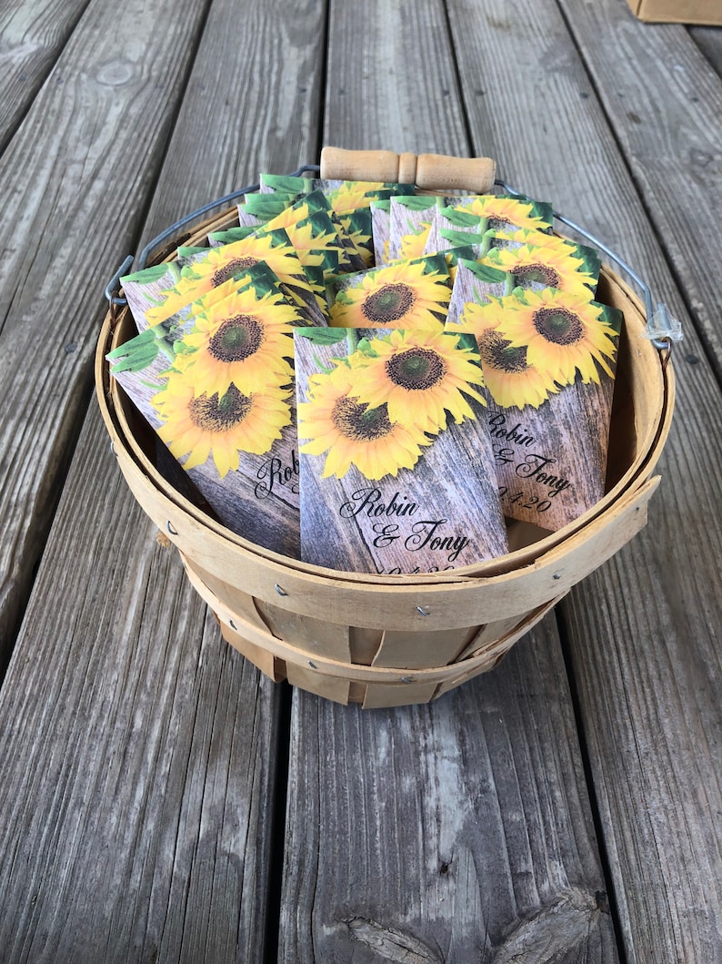 50 Sunflower seed packets, rustic sunflower favors, Sunflower and wood, rustic wood gift, personalized wood favors, sunflowers and wood image 6