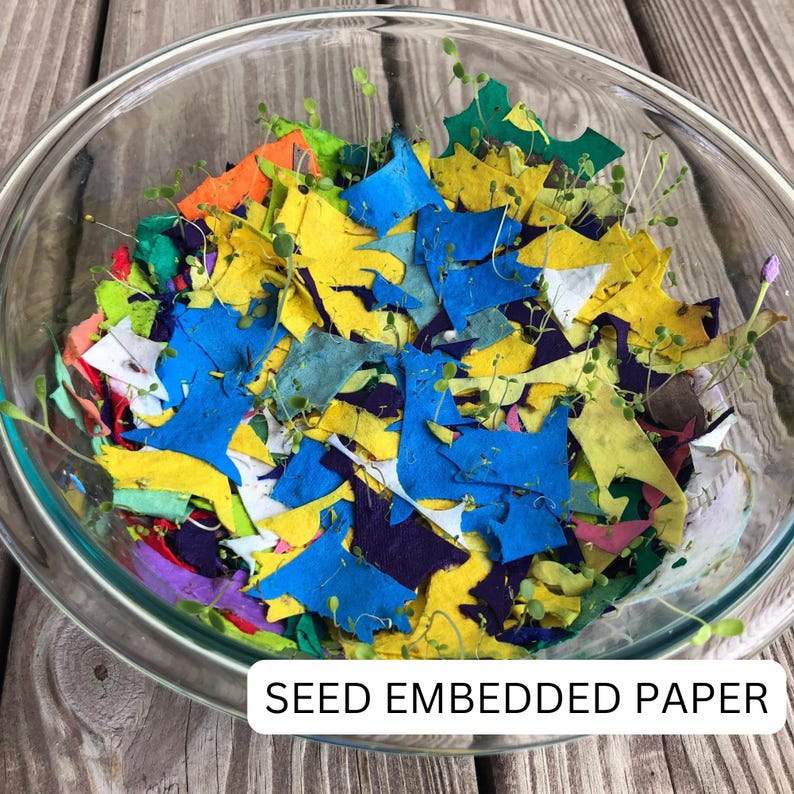 May include: A clear glass bowl filled with colorful, irregularly shaped pieces of seed-embedded paper. The paper is in shades of blue, yellow, orange, and purple, with small green sprouts emerging from the paper. The text "SEED EMBEDDED PAPER" is displayed in a white rectangle.
