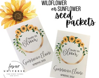 baby shower favors, personalized sunflower seed packets, baby shower sunflower wreath, custom sunflower greenery shower favors