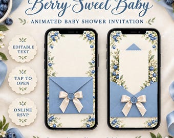 Berry Sweet Baby Shower Invitation Website with RSVP | Animated Blueberry Envelope, Editable Digital Baby Invite