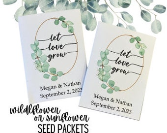 Custom eucalyptus wedding seed packet favors, personalized eucalyptus wedding favors, packets of seeds for a wedding