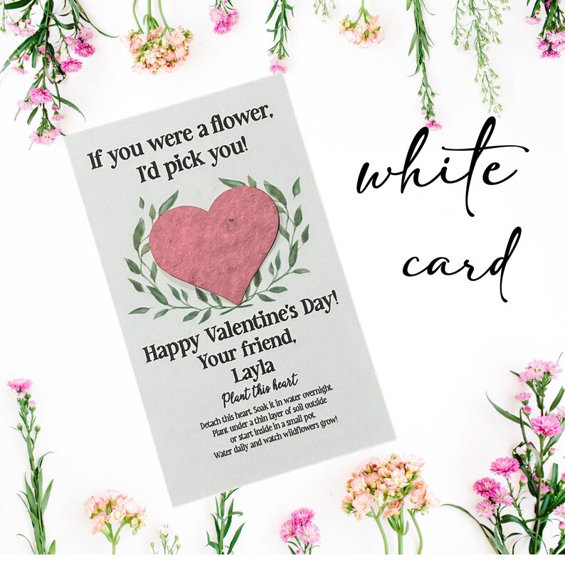 May include: A white card with the text "If you were a flower, I'd pick you!" and "Happy Valentine's Day! Your friend, Layla." A pink heart is in the center, surrounded by green leaves. The words "Plant this heart" are also on the card.