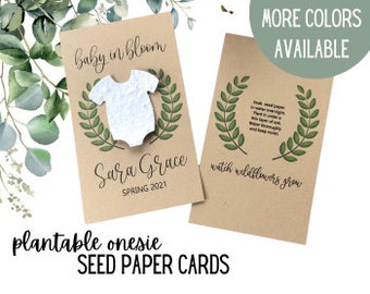 Flower seed paper cards for baby shower favors, eco friendly favors, seed cards, plantable cards, Onesie Shape Baby in bloom Seed Paper