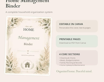 Editable Home Management Binder | 52 Page Canva Home Planner | Cleaning, Meal, Budget & Maintenance Organizer
