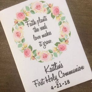 Girl First Holy Communion favors, Pink wreath communion favors, floral communion favors, communion seed packet favors image 4