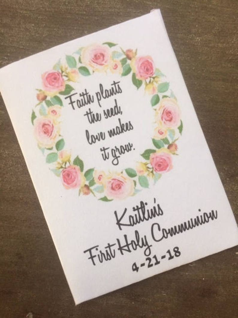 Girl First Holy Communion favors, Pink wreath communion favors, floral communion favors, communion seed packet favors image 4