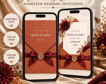 Autumn Romance Wedding Invitation | Terracotta Envelope, Burgundy Ribbon, Gold Seal (Digital Download)