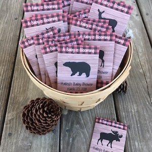 buffalo plaid baby shower favors, seed packets, bear favors, moose favors