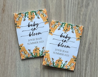baby shower seed packet favors, personalized wildlflower seed packets, yellow floral baby shower favors, yellow flower favors