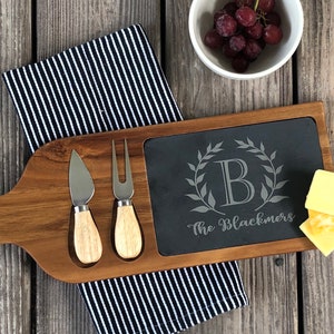 Personalized Acacia & Slate Cheese Board with Utensils: Engraved Charcuterie Board