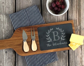 Personalized Serving Board, Cheese board with utensils, slate cheese board, Charcuterie board, engraved cutting board, acacia cutting board