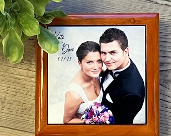 personalized gift box with this ceramic photo tile, custom photo gift box, wooden photo box