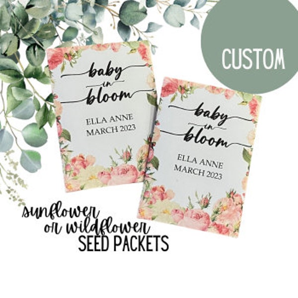 baby shower seed packet favors, personalized wildlflower seed packets, greenery and pink floral baby shower favors
