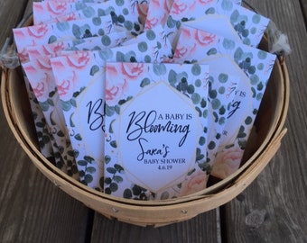 Custom eucalyptus Baby Shower Favors, eucalyptus seed packets, gold and pink baby shower favors, custom baby shower seed packets