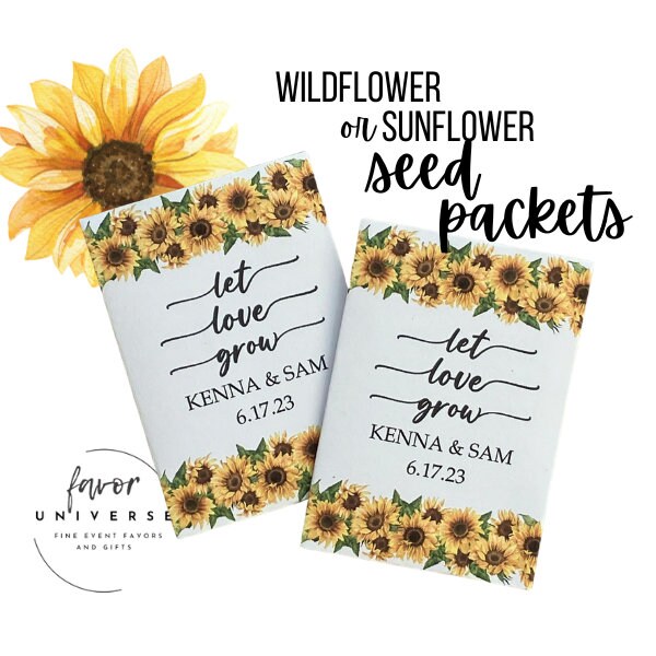 Custom sunflower seed packet favors, personalized sunflower wedding favors, personalized sunflower wedding favors