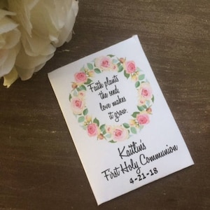 Girl First Holy Communion favors, Pink wreath communion favors, floral communion favors, communion seed packet favors image 3