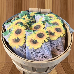 50 Sunflower seed packets, rustic sunflower favors, Sunflower and wood, rustic wood gift, personalized wood favors, sunflowers and wood image 1