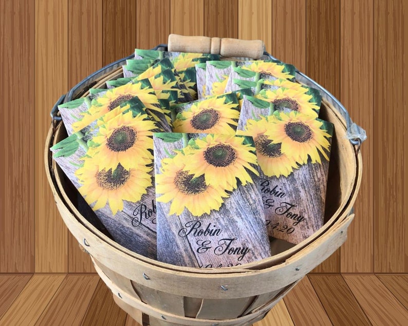 50 Sunflower seed packets, rustic sunflower favors, Sunflower and wood, rustic wood gift, personalized wood favors, sunflowers and wood image 1