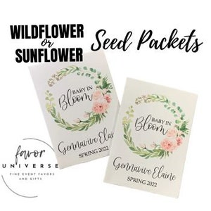 baby shower favors, personalized wildlflower seed packets, pink rose baby shower favors,  custom rose and  greenery shower favors