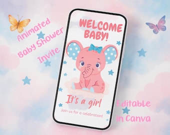 Pink Elephant Baby Shower Invitation: Animated Digital Download