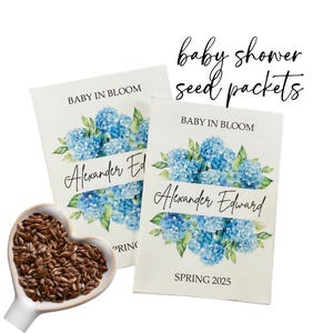 Baby Boy Blue Shower Favors. Blue hydrangea baby shower favors, blue hydrangea design baby shower seed packets favors, blue floral baby