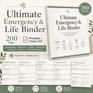 Może przedstawiać: Biały segregator z napisem Ultimate Emergency & Life Binder i zielonymi akcentami, zawierający 200 stron formularzy PDF do druku i wypełnienia. Zawiera sekcje dotyczące dokumentacji medycznej, domowej, finansowej oraz planów awaryjnych.