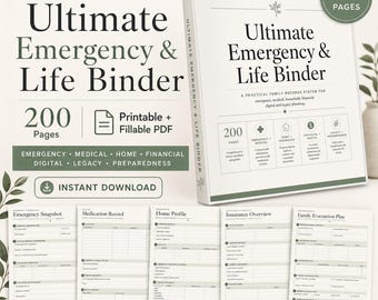 200-Page Emergency Binder & End of Life Planner, Printable Fillable Family Organizer