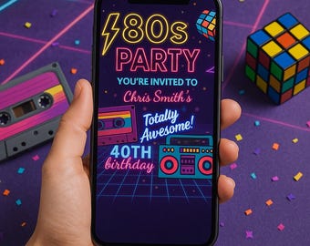 Neon 80s Party Invitation Template | Retro GenX Digital Invite (Canva, MP4)