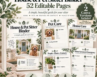 Editable House & Pet Sitter Binder | 52-Page Canva Home Care Template