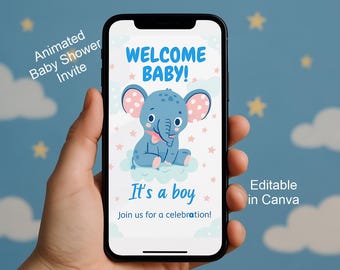 Blue Elephant Baby Shower Invitation: Editable Animated Template (Digital Download)
