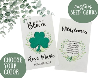 shamrock baby shower favors, shamrock wildflower seed favors, plantable cards with wildflowers, Irish baby shower, clover baby shower favors