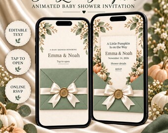 Animated Baby Shower Invitation Website | Sage Green, Fall Pumpkins (Digital Invite)