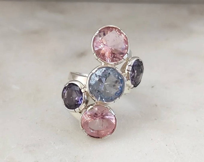 925‰ Silver Ring with 5 pink, light blue and purple PASTE VITREE