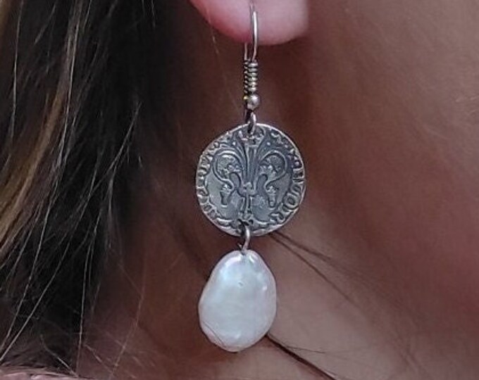 Silver Earrings with Fiorini Silver Coins and Freshwater Pearls