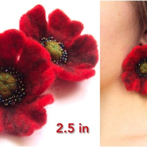 Red Felted Flower Earrings Felted Wool Floral Traditional Jewelry Gift Floral Statement Earrings Valentines Gift for Women Ukrainian Gifts