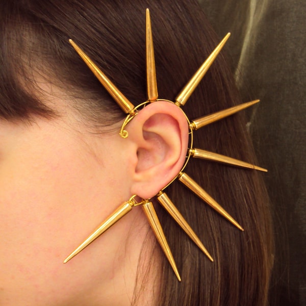 Large Spiked Ear Cuff, Goddess Ear Wrap, Modern Urban Cyberpunk Earrings, Non Pierced Mens Jewelry, Statement Gold Cuffs, No Hole Needed