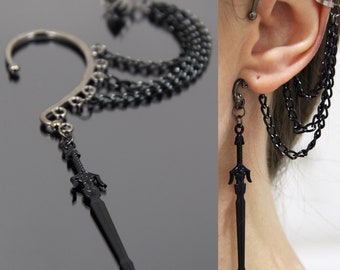 Black sword cuff earrings, No piercing ear wrap, Pirate cosplay jewelry, Gothic dagger ear cuff, Fake piercing, Statement Gothic earrings