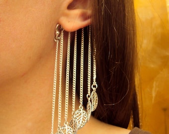Long chain ear cuff, Silver leaves non pierced ear wraps, Dangling statement earrings, Large earring, No piercing jewelry gift Valentines