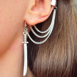 Katana earrings, No piercing ear wrap, Sword jewelry, Samurai anime cosplay earring, Silver dagger ear cuff, Knife Gothic earring - 1 pcs