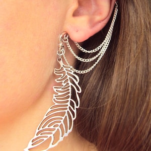 Feather cuff earring, No piercing ear wrap, Bohemian jewelry, Non pierced climber, Unusual jewellery for women, Valentines gift for Women