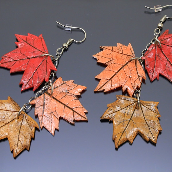 Maple leaf earrings long red dangling earrings statement autumn jewelry nature botanical plant polymer clay fall wedding jewellery for women