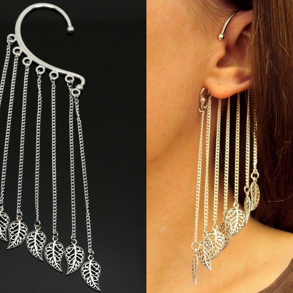 Long chain ear cuff, Silver leaves non pierced ear wraps, Dangling statement earrings, Large earring, No piercing jewelry gift Valentines