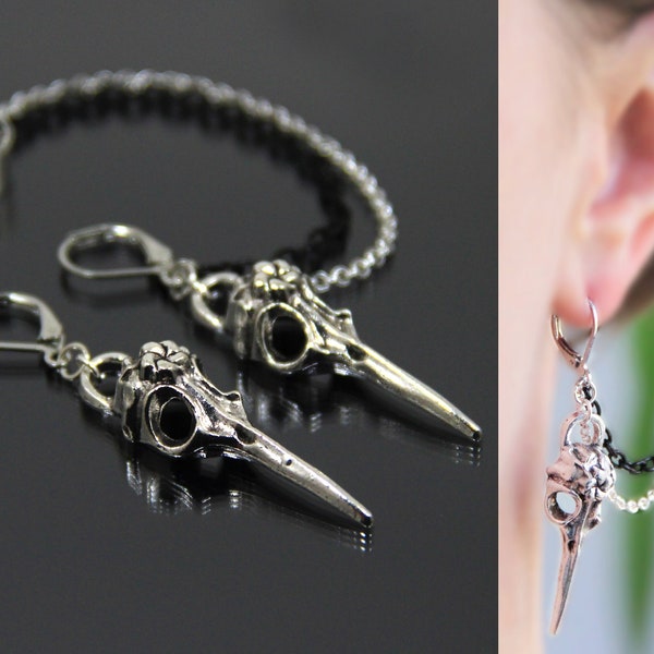 Raven skull ear cuff earrings, Non pierced cartilage ear wrap, Bird skulls earrings, Gothic crow jewelry, Halloween witch earrings for women