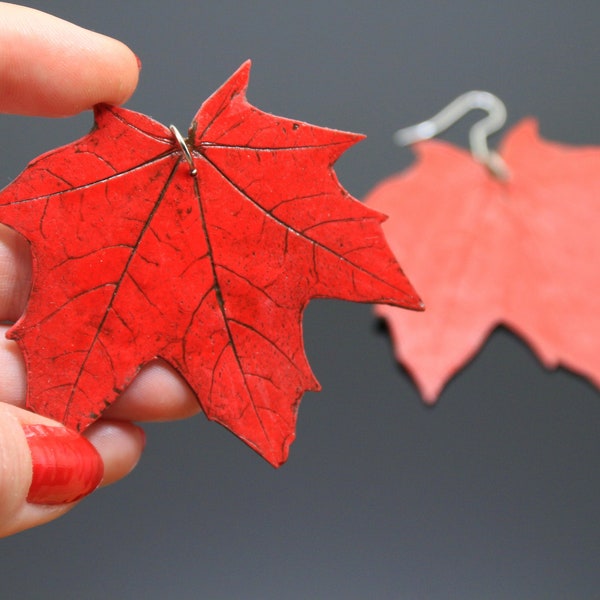 Autumn earrings red polymer clay fall jewelry large marle leaves earrings for women statement fall leaf jewellery september wedding gifts