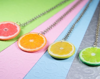 Fruit Citrus Slice Pendant Grapefruit Orange Lemon Lime Kiwi Necklace Mini Food Cool Bright Summer Gift Bright Juicy necklace for girl gift