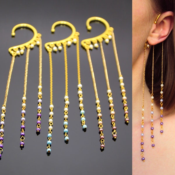 Pearl cuff earring, Gold dangle wedding earcuff, Non pierced ear cuff, Bridesmaid jewelry gift, Blue wedding earrings, Valentines jewellery