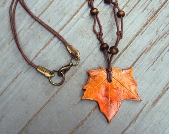 Maple Leaf Necklace – Orange Fall Pendant Choker, Autumn Botanical Jewelry for Women, Nature Inspired Gift for Her
