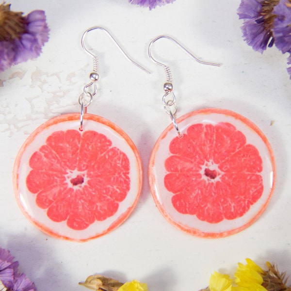 Grapefruit еarrings, Pamelo slice citrus jewelry, Polymer clay resin earrings, Pink tropical fruit summer jewellery, Mini food gift idea